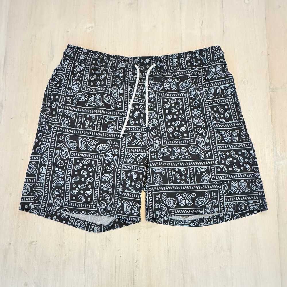 Valor Blue and White Bandana Print Swim Trunks